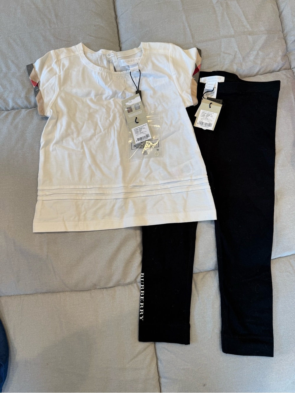 Burberry White Short Sleeve Top with Black Leggings Set